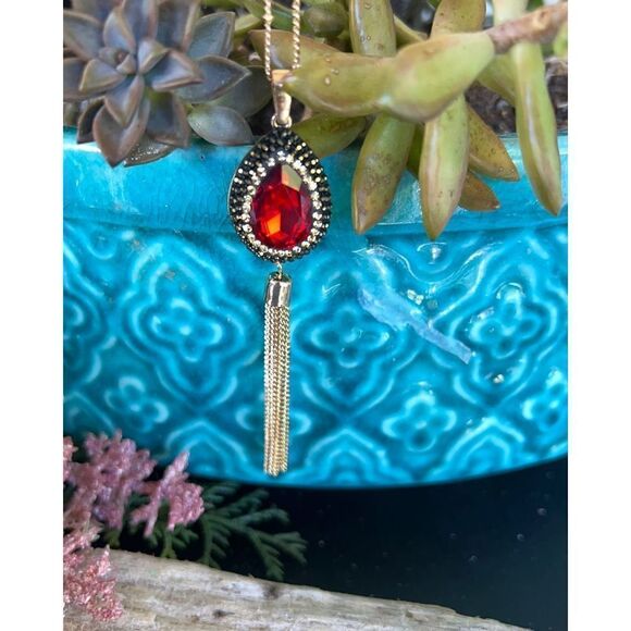 Gold/Ruby Tear Drop Haloed by Champagne & Chocolate Colored Swarovski Crystals - Picture 6 of 6